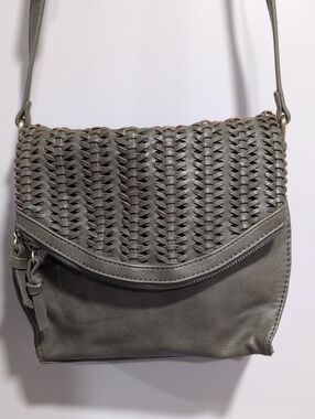 Sasha+Sofi Olive Green Crossbody Bag with A Woven Front Flap.